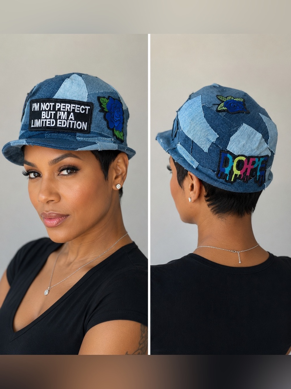 Upcycled Denim Patchwork Cap with 'I'm Not Perfect' Patch etc size S